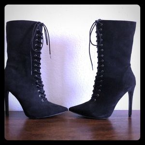 Liliana Pointed Toe Lace Up Mid Calf Heel Boot